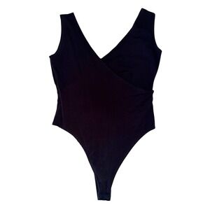 DKNY Jeans Small Black Sleeveless Surplice Deep V-Neck Bodysuit Casual Basics